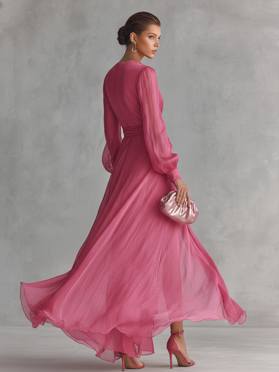 Cuffed Long Sleeve Plunging Neckline Floor Length Dress