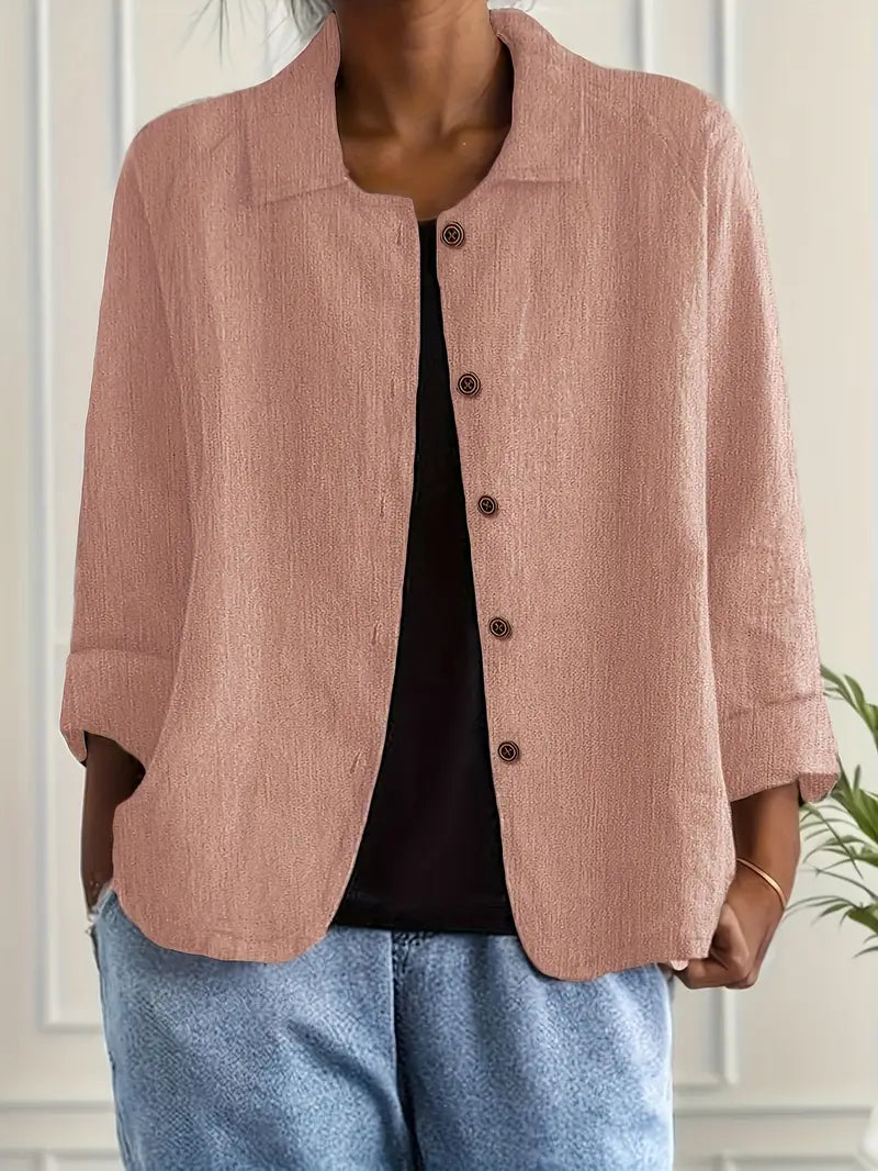 Collared Button Down Three Quarter Sleeve Blouse