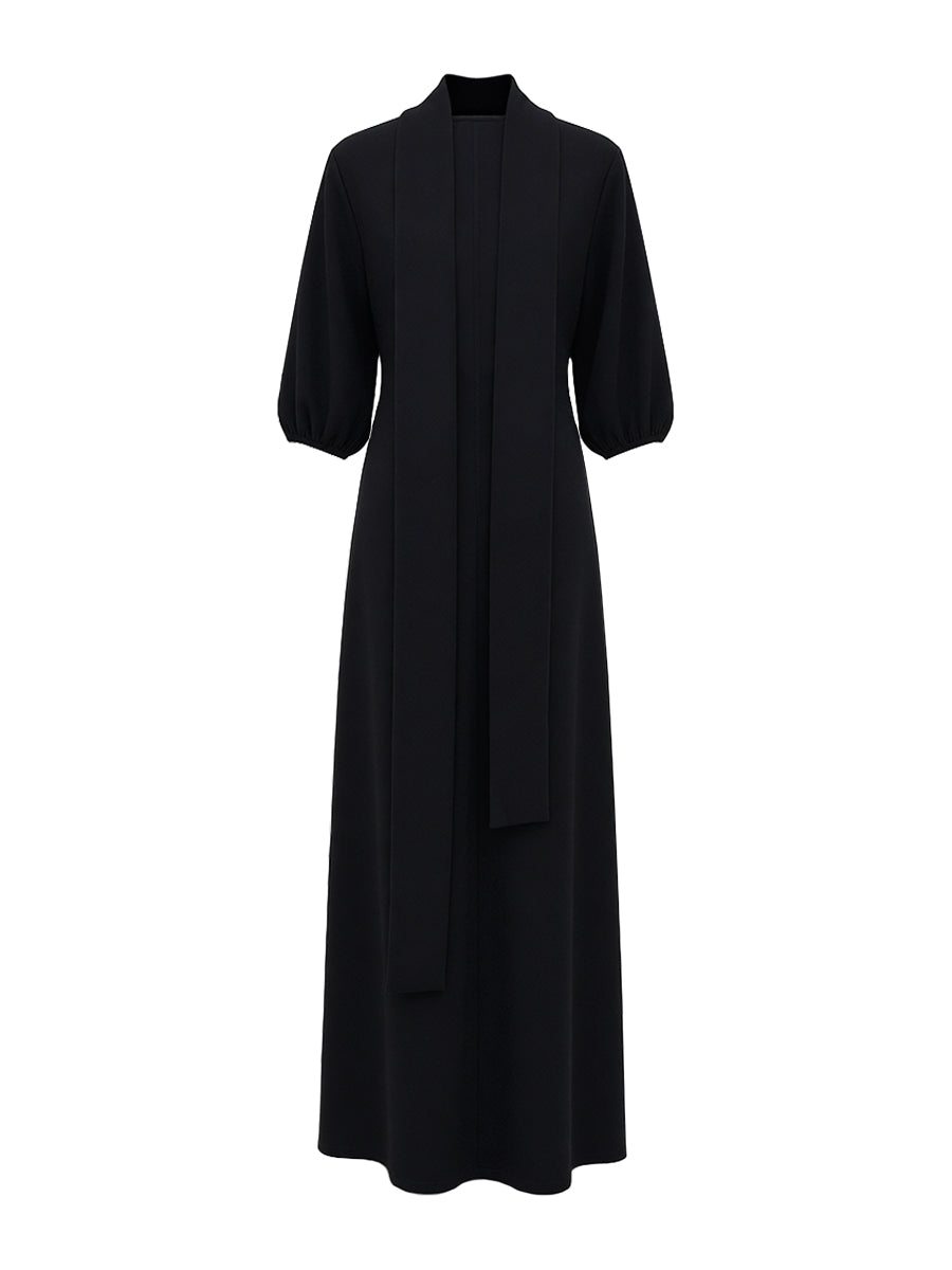 Mock Neck Puff Sleeve Buttoned Slit Dress