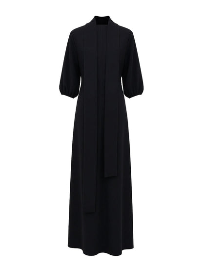 Mock Neck Puff Sleeve Buttoned Slit Dress
