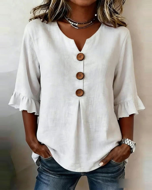 V Neck Button Detail Ruffle Sleeve Top