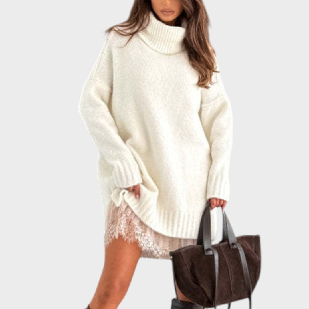 Turtleneck Oversized Sweater Lace Slip Dress