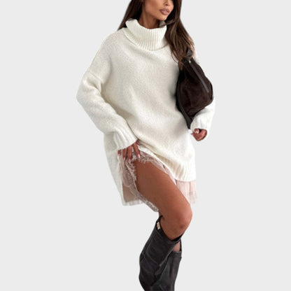 Turtleneck Oversized Sweater Lace Slip Dress