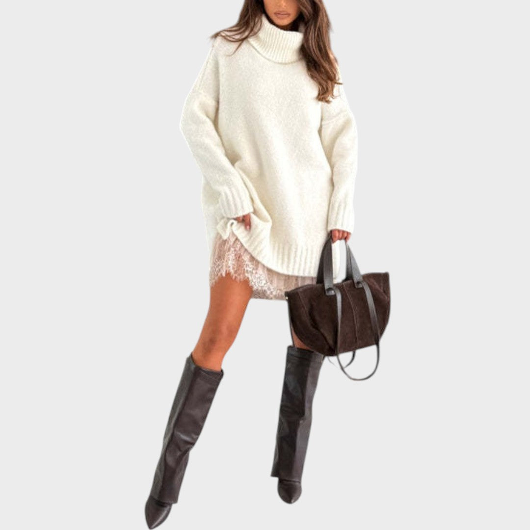 Turtleneck Oversized Sweater Lace Slip Dress