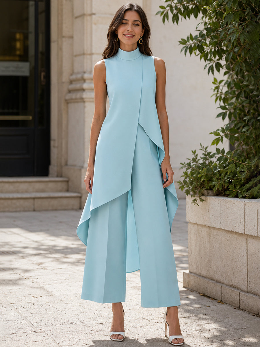 Asymmetric Layered Sleeveless Top & Wide-Leg Trousers Set