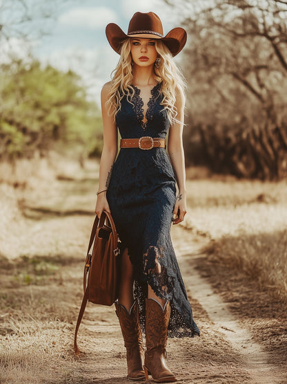 Sleeveless Slit Scalloped Belted Asymmetric Lace Dress