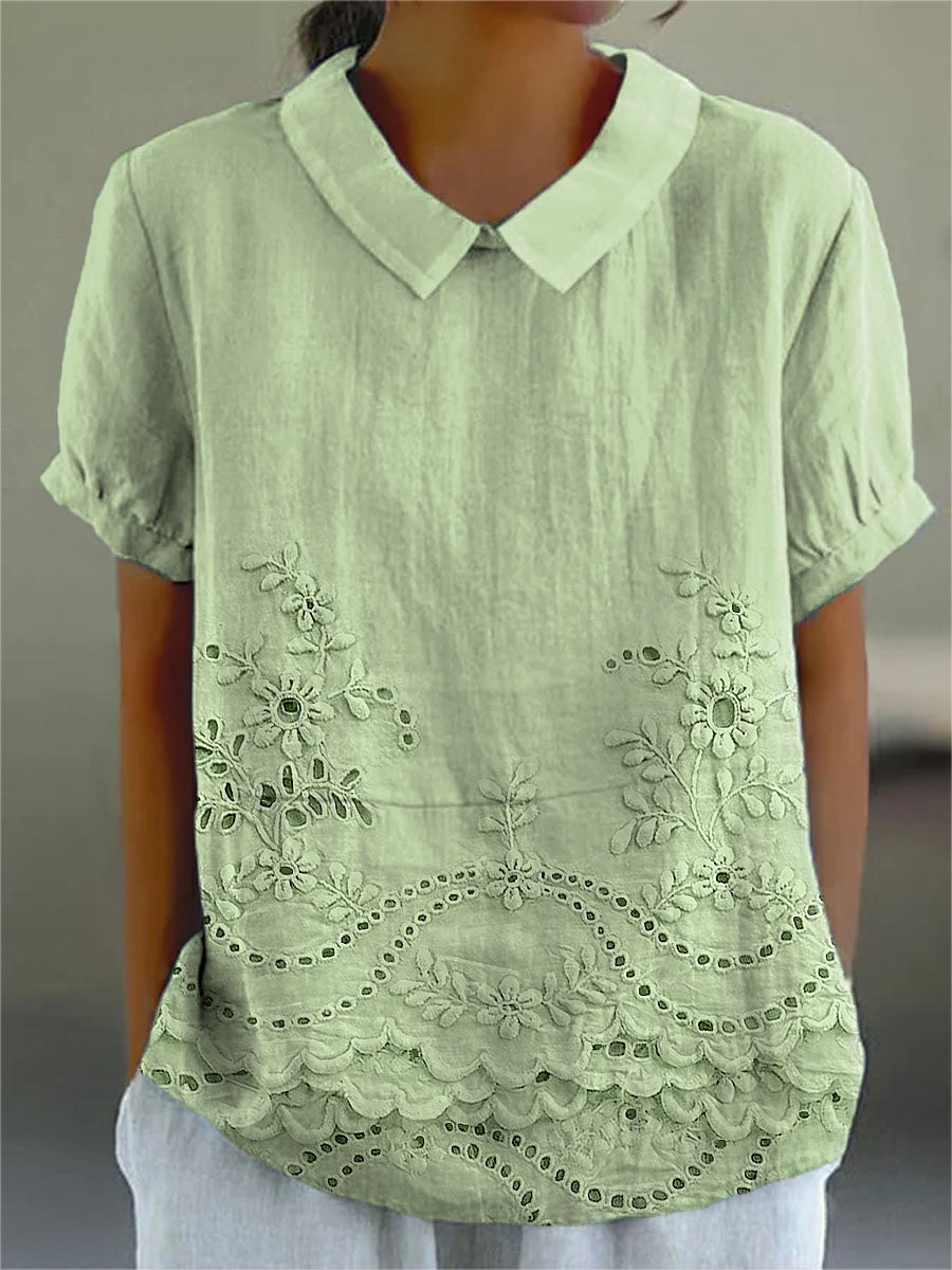 Embroidered Eyelet Scalloped Peter Pan Collar Shirt