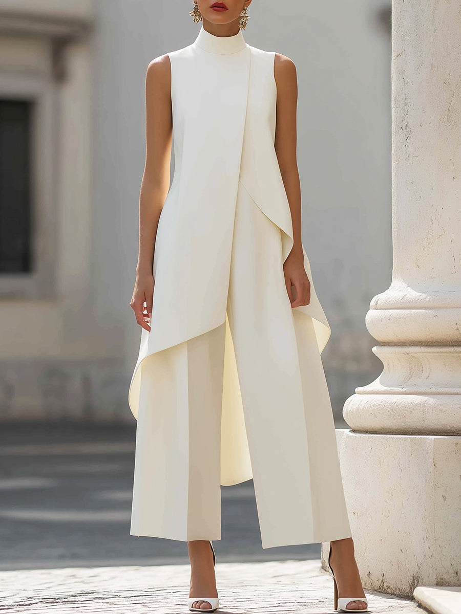 Asymmetric Layered Sleeveless Top & Wide-Leg Trousers Set