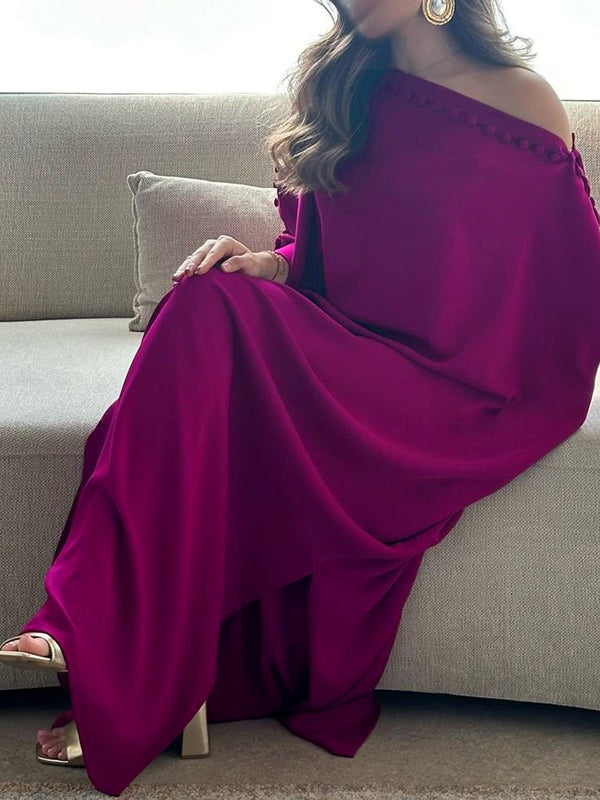 Button Trim Asymmetric Off Shoulder Slit Maxi Dress