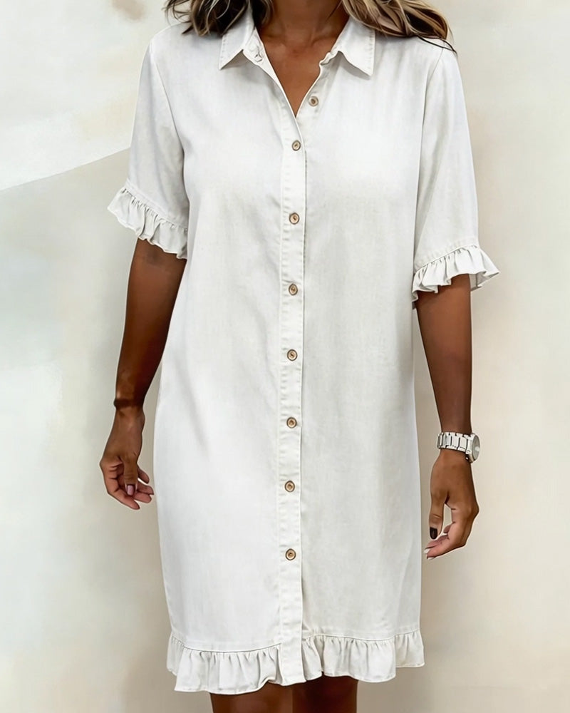 Short Sleeve Collared Button Front Ruffle Hem Dress