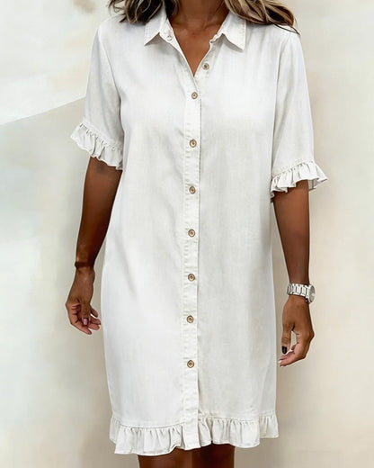 Short Sleeve Collared Button Front Ruffle Hem Dress