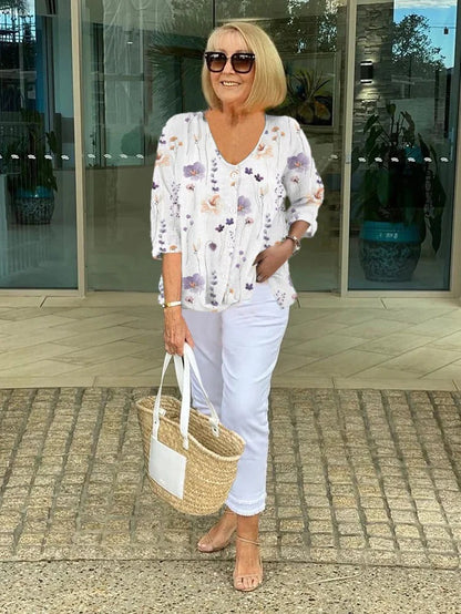 V Neck Floral Patterned Quarter Sleeve Blouse