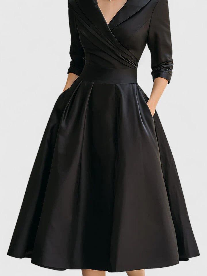 Folded Wrapped Banded Pleated Flared Midi Dress