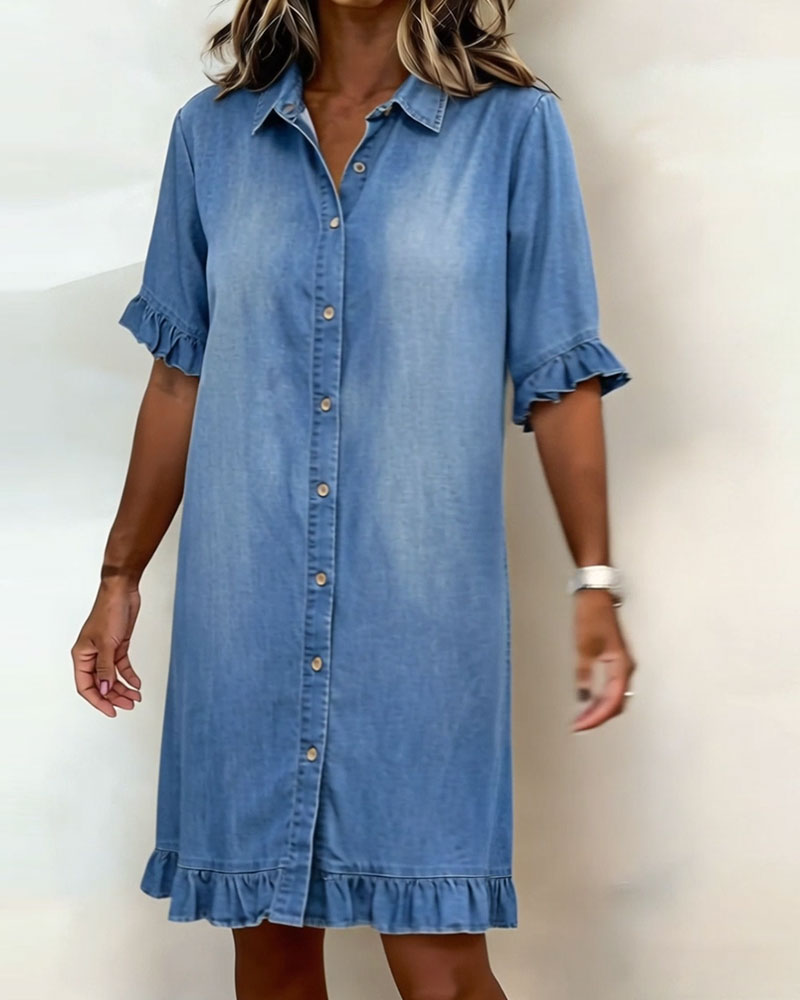 Short Sleeve Collared Button Front Ruffle Hem Dress