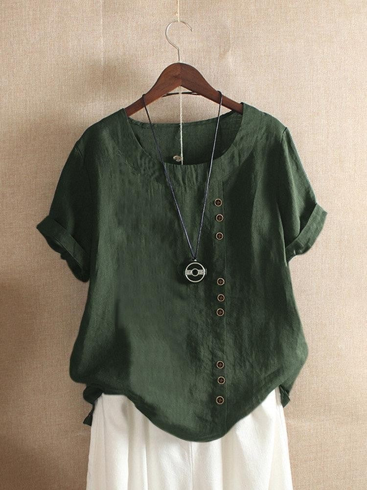 Rolled Placketed Rounded Loose Dropped Textured Blouse