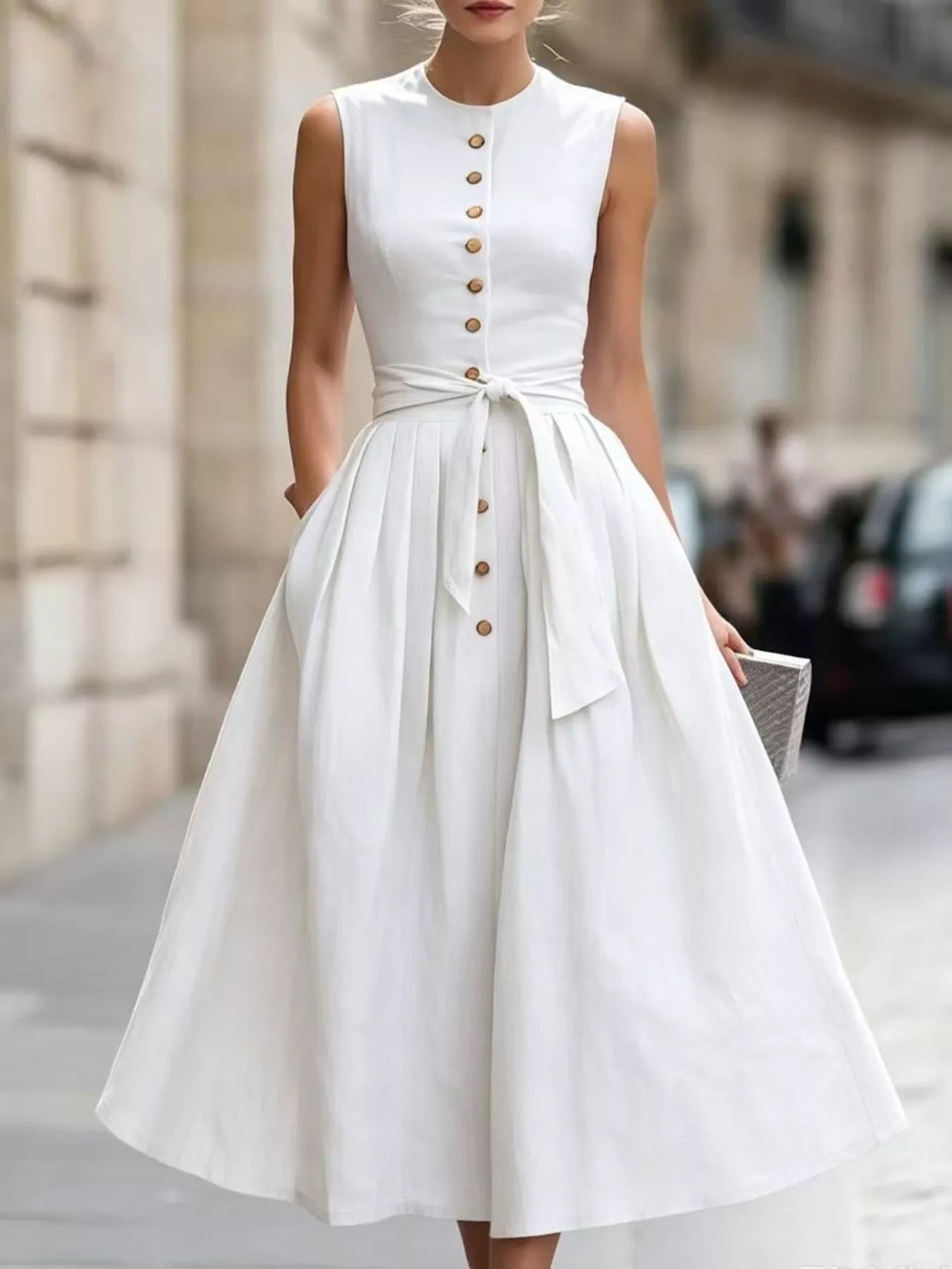 Round Neck Sleeveless Button-Front Belted Midi Dress