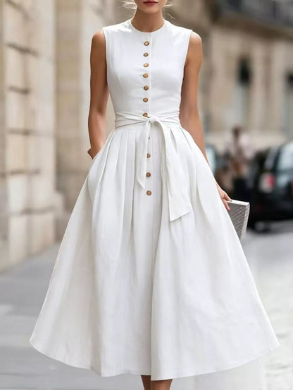 Round Neck Sleeveless Button-Front Belted Midi Dress
