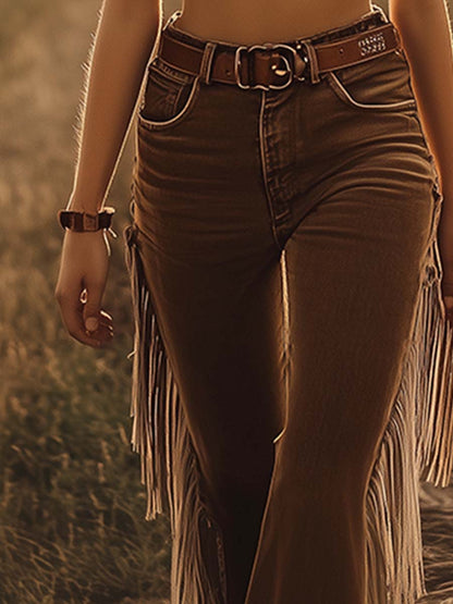 Pocketed Stitched Fringed Flared Long Trousers