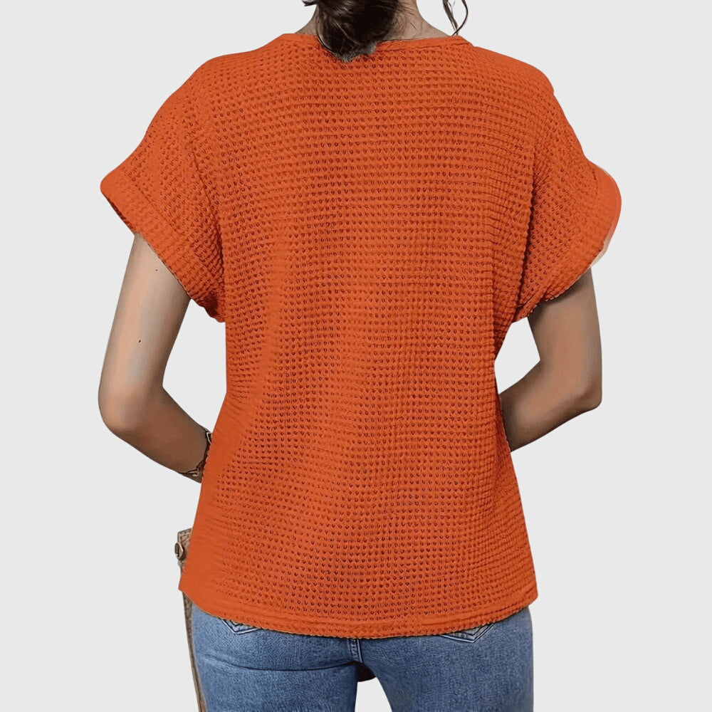Textured Perforated Geometric Rolled Sleeved Relaxed Top