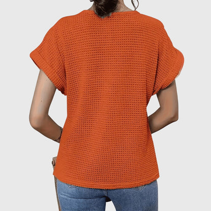 Textured Perforated Geometric Rolled Sleeved Relaxed Top