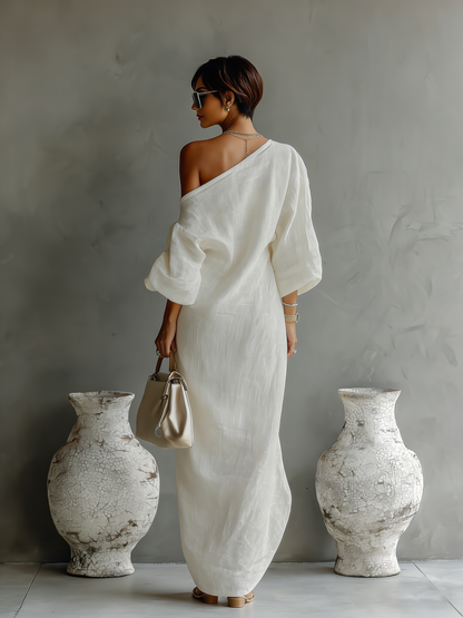 Off Shoulder Puff Sleeve Straight Dress