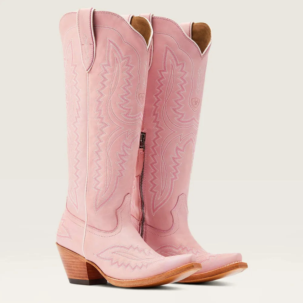 Patterned Zipped Stacked Pointed Tall Boots