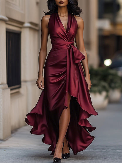 Halter Ruched Ruffled Dress
