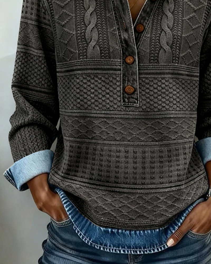 Women's Shirt Collar Long Sleeve Textured Button-Up Sweatshirt