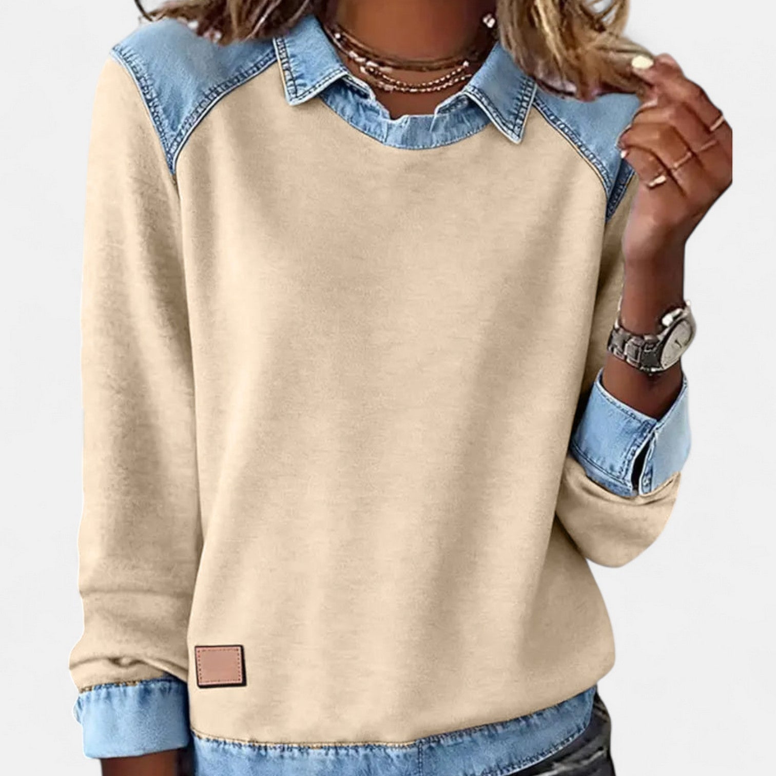 Women's Point Collar Long Sleeve Colorblock Sweatshirt