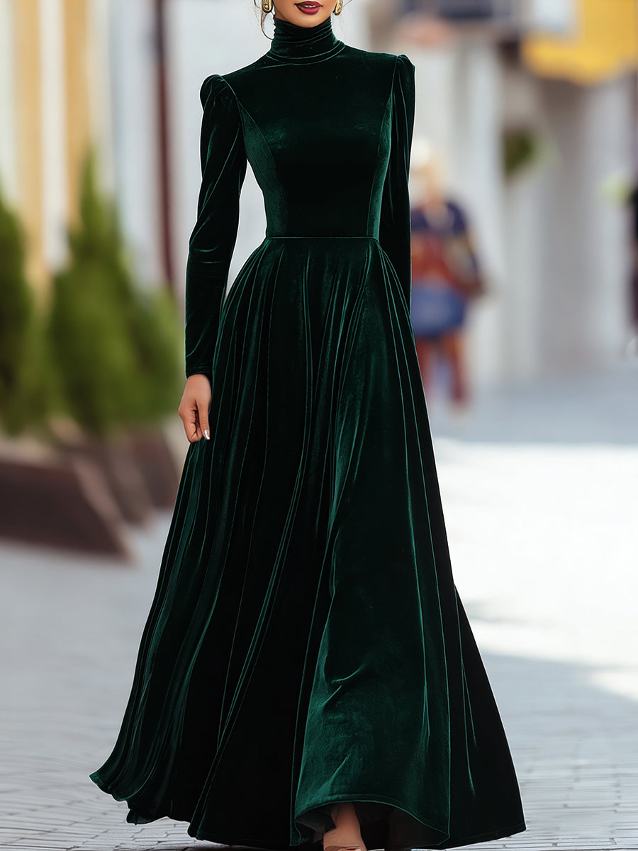 High Waist Pleated Mock Neck Longline Dress