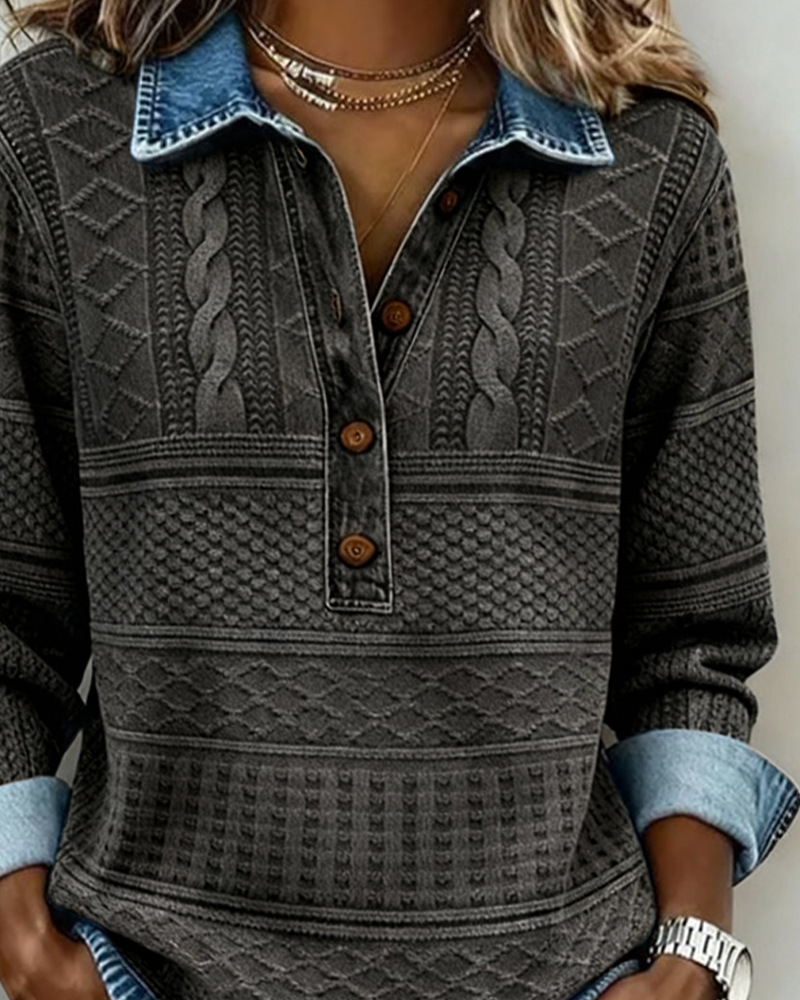Women's Shirt Collar Long Sleeve Textured Button-Up Sweatshirt