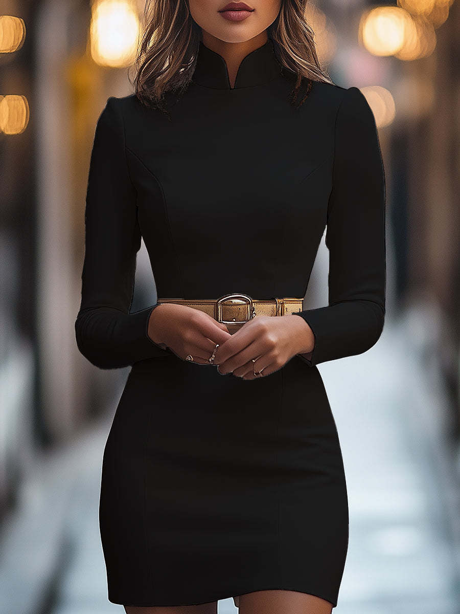 Mock Neck V Cut Fitted Dress