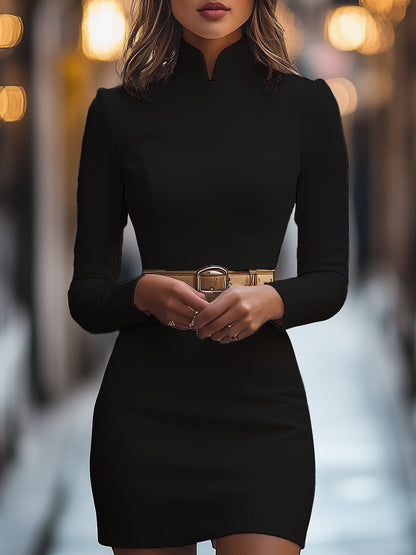 Mock Neck V Cut Fitted Dress