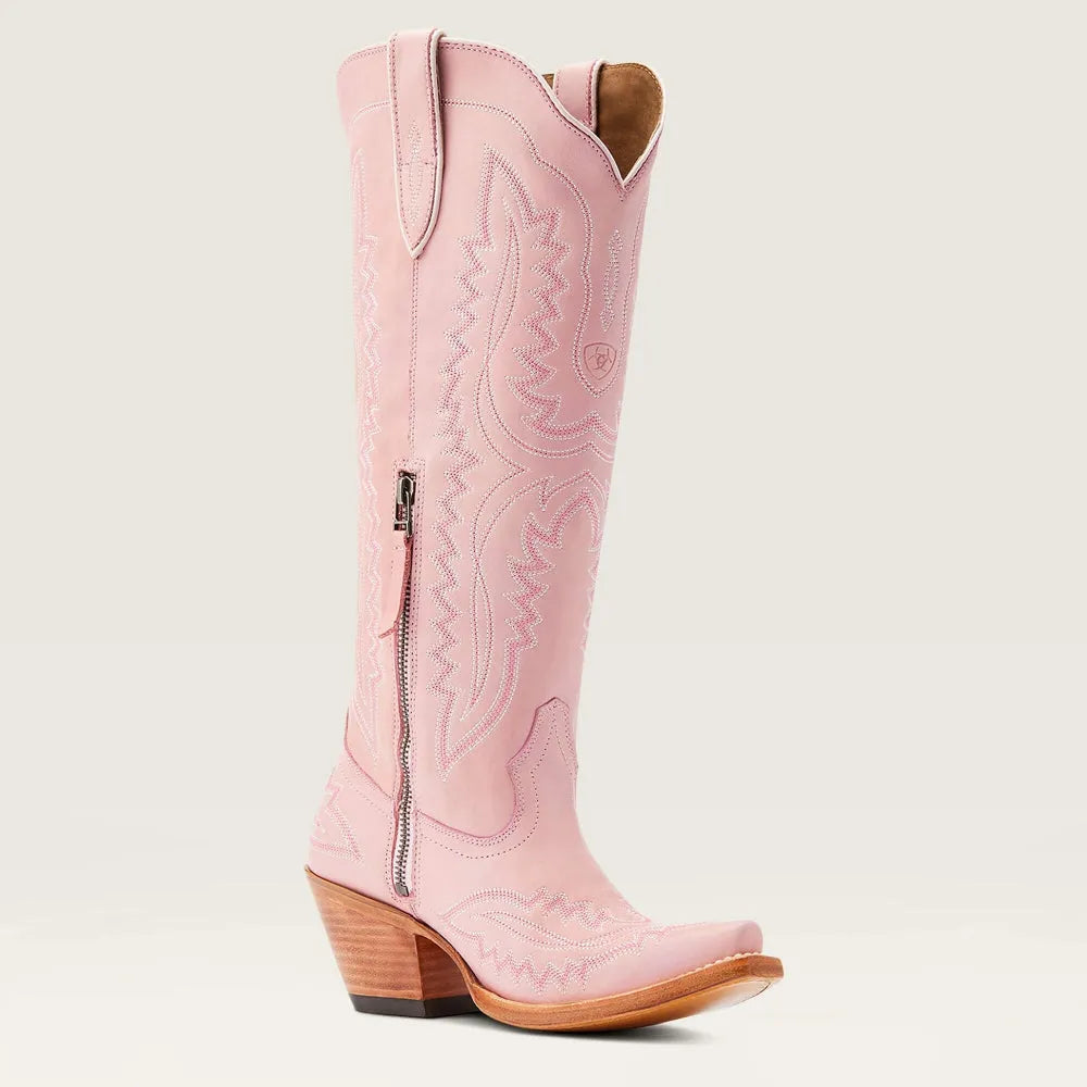Patterned Zipped Stacked Pointed Tall Boots