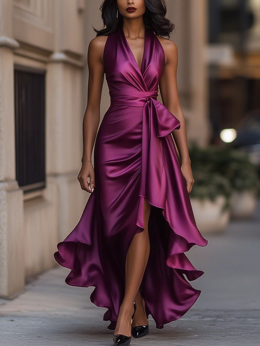 Halter Ruched Ruffled Dress