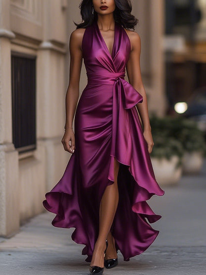 Halter Ruched Ruffled Dress