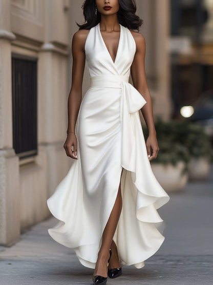 Halter Ruched Ruffled Dress