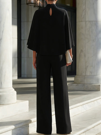 Cape Sleeve High Neck Blouse & Slit Wide Leg Trousers Set