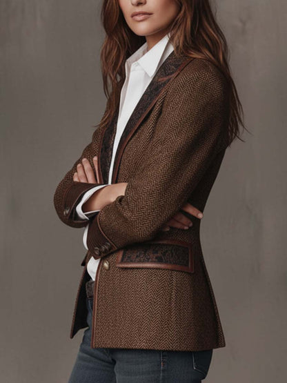 Women's Peak Lapel Long Sleeve Herringbone Blazer