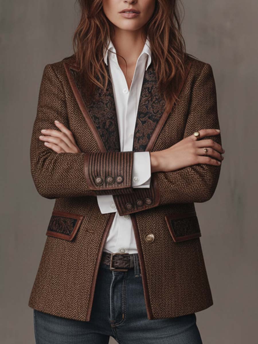 Women's Peak Lapel Long Sleeve Herringbone Blazer