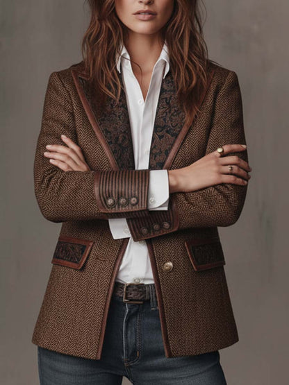 Women's Peak Lapel Long Sleeve Herringbone Blazer