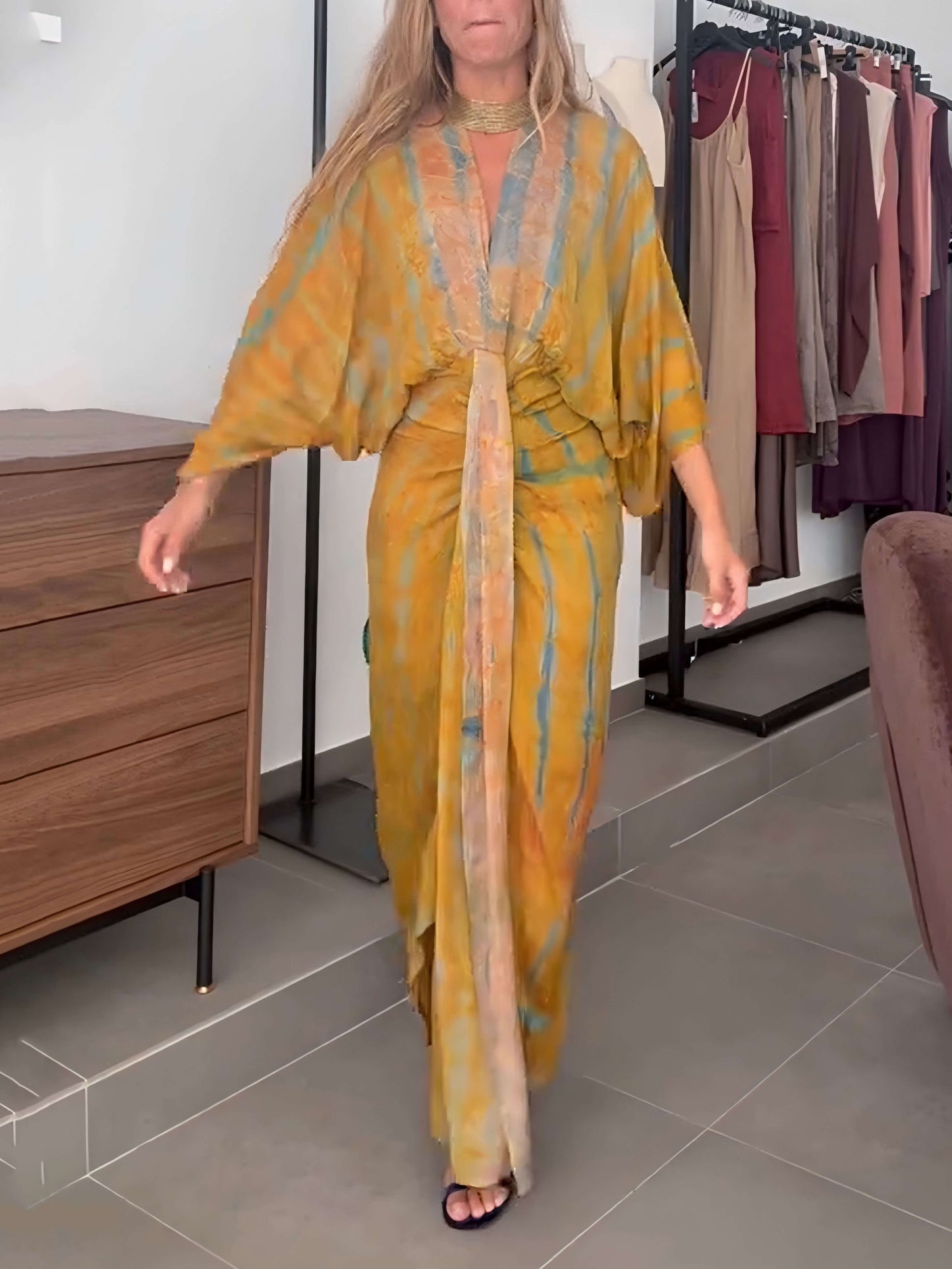 Plunging V Neck Ruched Maxi Dress