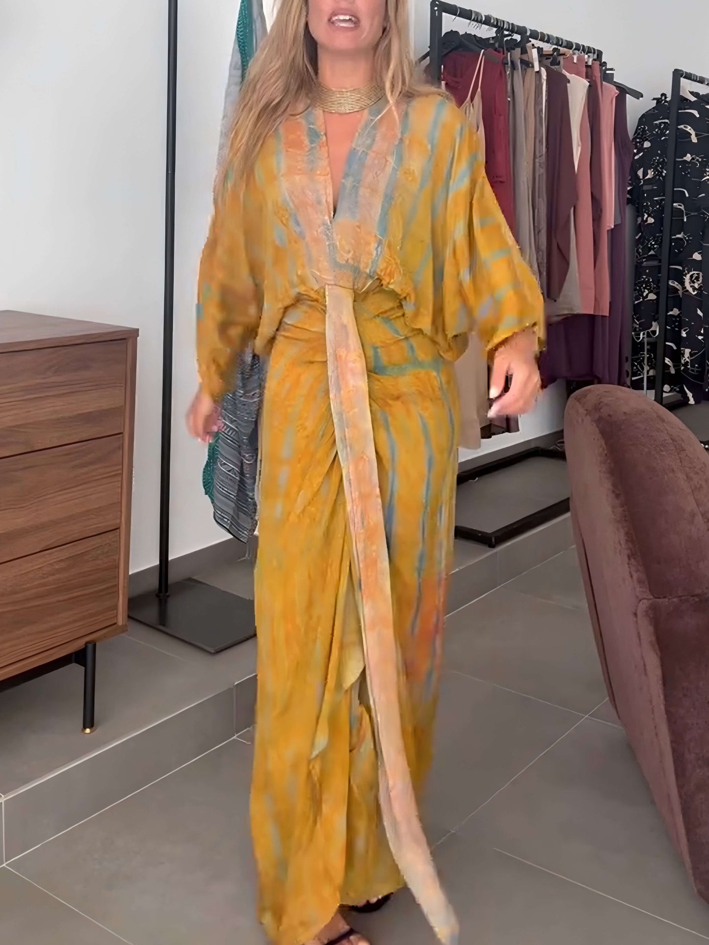 Plunging V Neck Ruched Maxi Dress