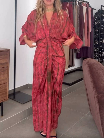 Plunging V Neck Ruched Maxi Dress