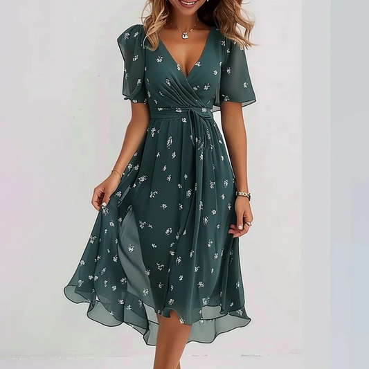 V Neck Short Sleeve Printed Dress