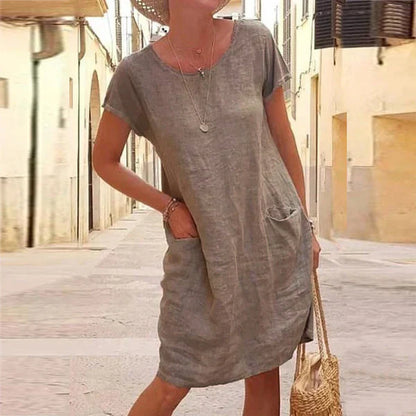 Round Sleeved Pocketed Loose Straight Unlined Dress