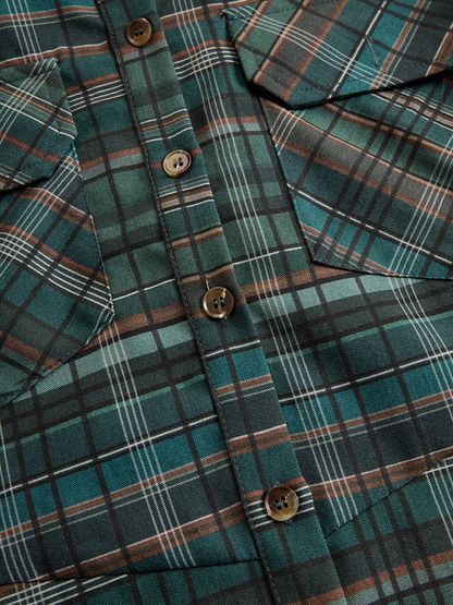 Plaid Collar Button Long Pocket Flared Dress