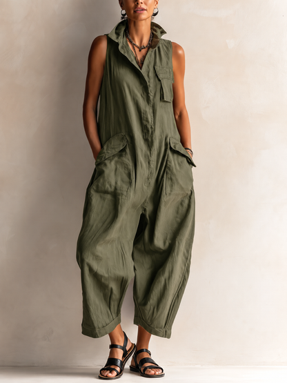 Collared Sleeveless Pocketed Baggy Sleeveless Jumpsuit