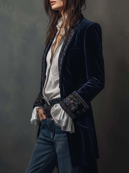 Women's Embroidered Tailored Fit Long Sleeve Blazer Jacket