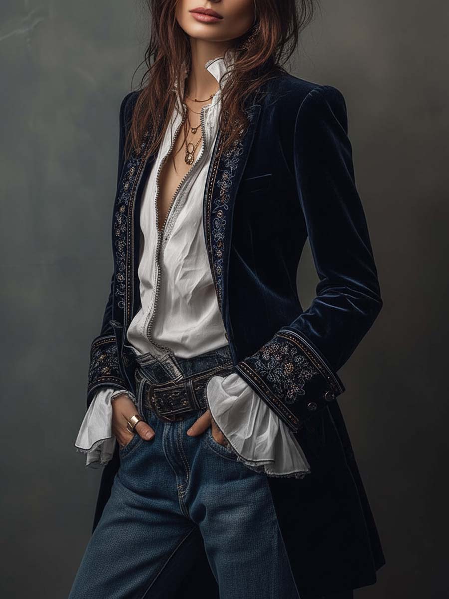 Women's Embroidered Tailored Fit Long Sleeve Blazer Jacket